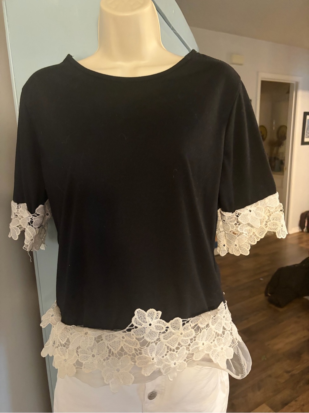 SHEIN Black Short Sleeve Top with Ivory Lace Trim